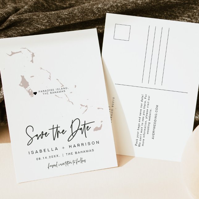 Cartão Postal Mapa do QUINN Bahamas Salve a data *Coração Movíve (Criador carregado)