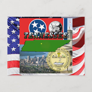 Cartão Postal Mapa do Tennessee, bandeira, selo do estado e foto