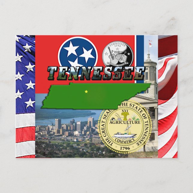 Cartão Postal Mapa do Tennessee, bandeira, selo do estado e foto (Frente)