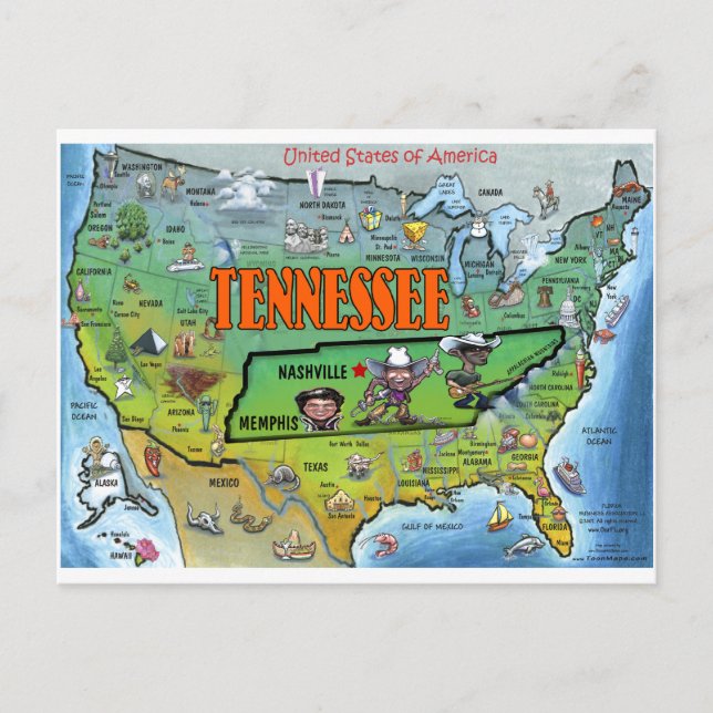Cartão Postal Mapa do Tennessee USA (Frente)