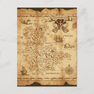 Cartão Postal Mapa do Tesouro Antigo Pirata Vintage