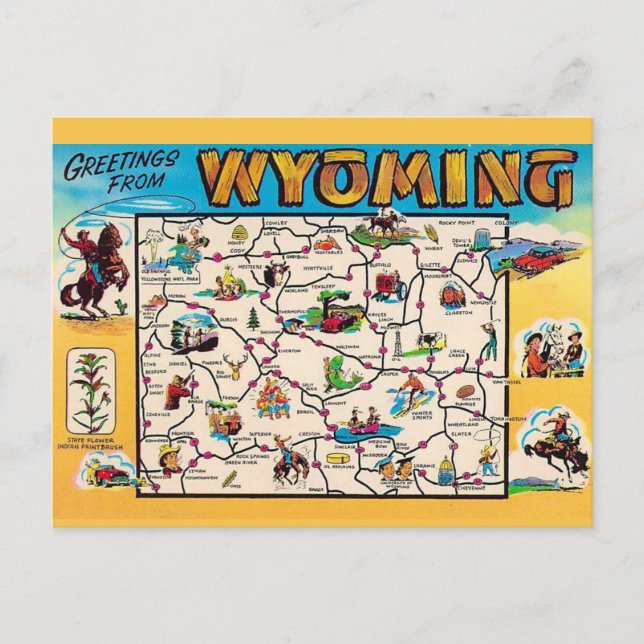 Cartão Postal Mapa do Vintage Wyoming (Frente)