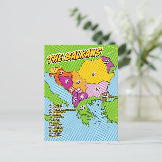 Cartão Postal Mapa dos Balcãs Ilustrado em Pop Art (Em pé/Frente)