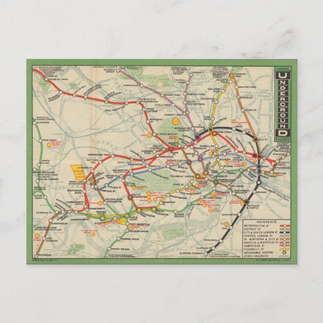 Cartão Postal Mapa dos Caminhos de Ferro Subterrâneos de Londres (Frente)