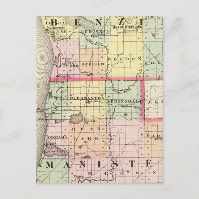 Cartão Postal Mapa dos condados Benzie e Manistee, Michigan (Frente)