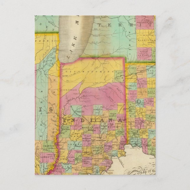 Cartão Postal Mapa dos Estados de Ohio Indiana & Illinois (Frente)