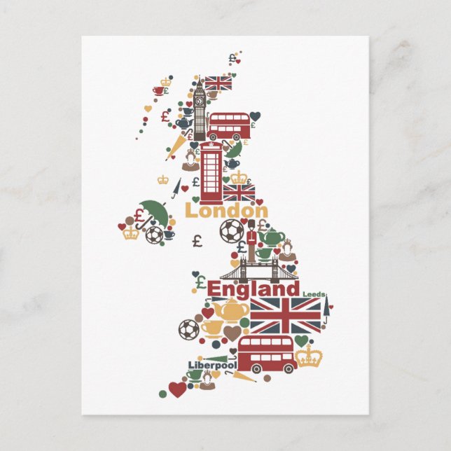 Cartão Postal Mapa dos Símbolos da Inglaterra (Frente)