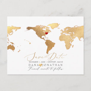 Cartão Postal Mapa Dourado Faux, Qualquer Destino Salvar a Data