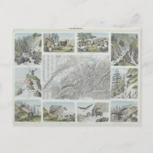 Cartão Postal Mapa e Vignetos dos Alpes suíços
