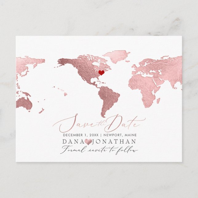 Cartão Postal Mapa em Rose Gold, Save the Date para Qualquer Des (Frente)
