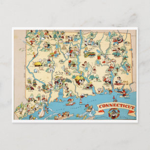 Cartão Postal Mapa Engraçado Antigo de Connecticut
