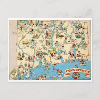 Cartão Postal Mapa Engraçado Antigo de Connecticut