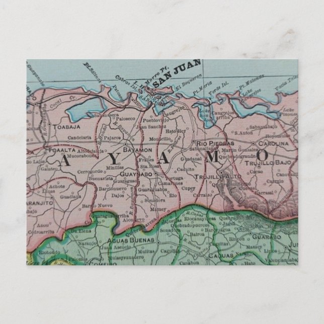 Cartão Postal Mapa Espanhol da Região San Juan de Porto Rico (Frente)