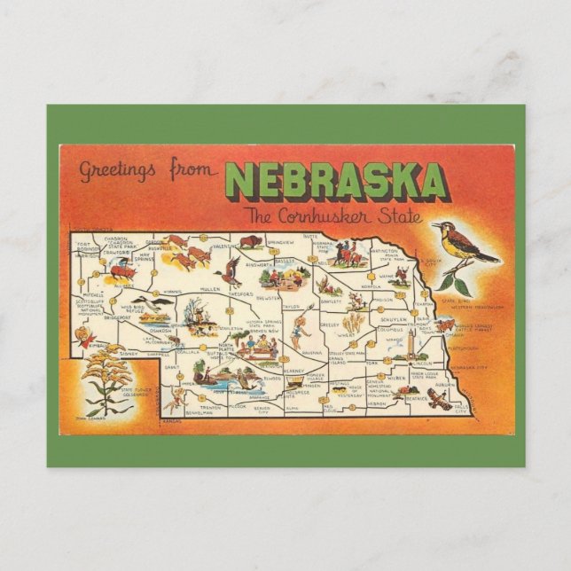 Cartão Postal Mapa Estatal de Nebraska (Frente)