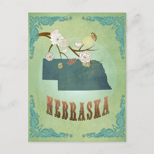 Cartão Postal Mapa Estatal de Nebraska - Verde (Frente)