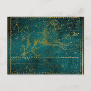 Cartão Postal Mapa Estelar Leão Verde e Dourado Ilustrado Vintag