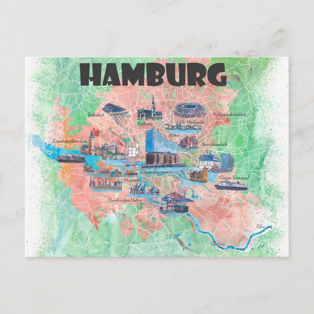 Cartão Postal Mapa Favorito de Viagens de Hamburgo Alemanha  (Frente)