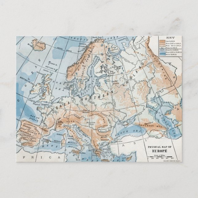 Cartão Postal Mapa Físico da Europa (1916) (Frente)