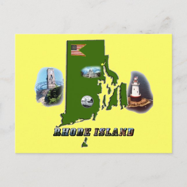 Cartão Postal Mapa, Fotos e Texto da Ilha Rhode (Frente)