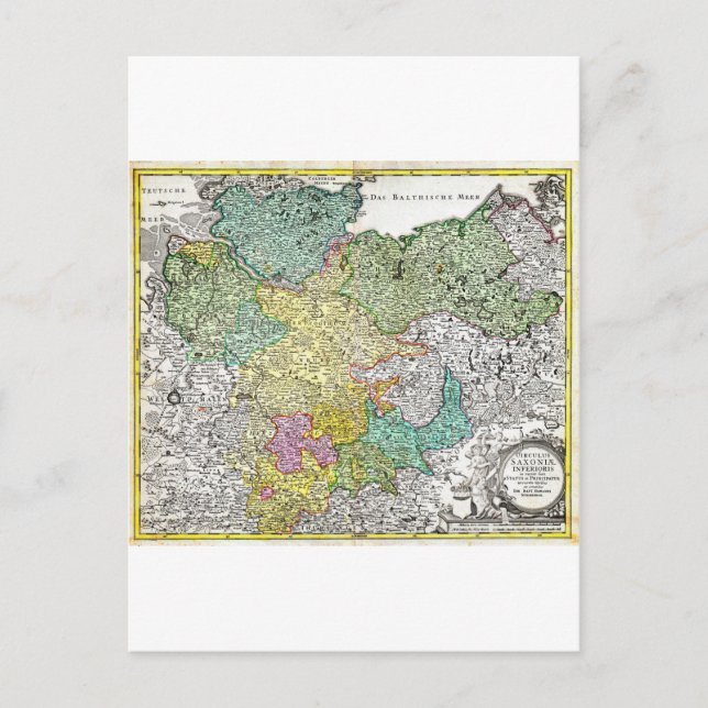 Cartão Postal Mapa Homann de 1730 da Baixa Saxónia Berlim Lubeck (Frente)