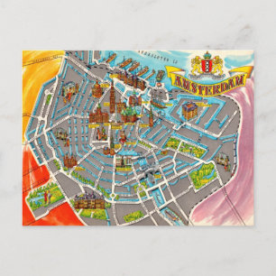 Cartão Postal Mapa Ilustrado Antigo de Amsterdã