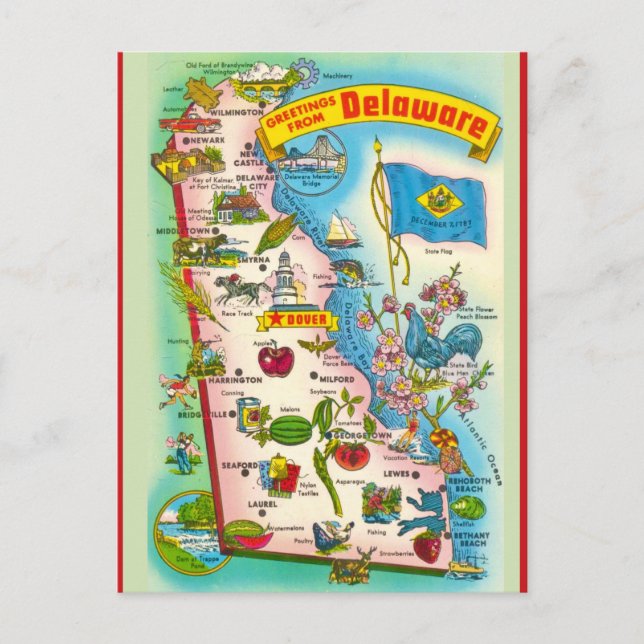 Cartão Postal Mapa Ilustrado Antigo de Delaware (Frente)