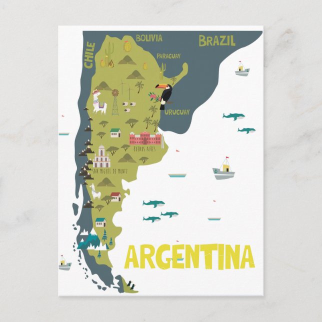 Cartão Postal Mapa Ilustrado Argentina (Frente)