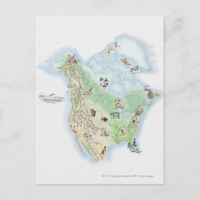 Cartão Postal Mapa ilustrado da América do Norte (Frente)