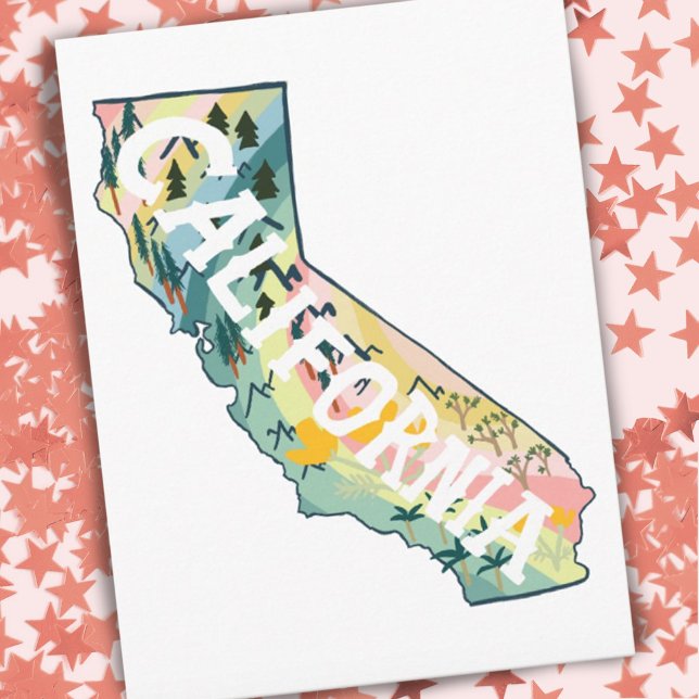 Cartão Postal Mapa Ilustrado da Califórnia (Cute California illustrated map postcard, check my shop for more colors!)