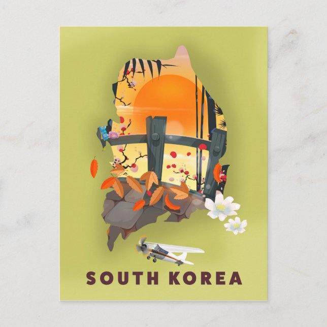 Cartão Postal Mapa ilustrado da Coreia do Sul em poster (Frente)