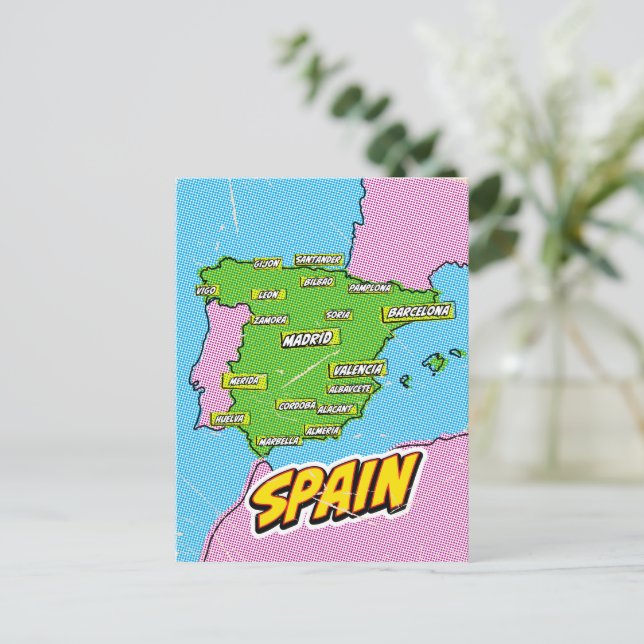 Cartão Postal Mapa ilustrado da Espanha em Pop Art (Em pé/Frente)