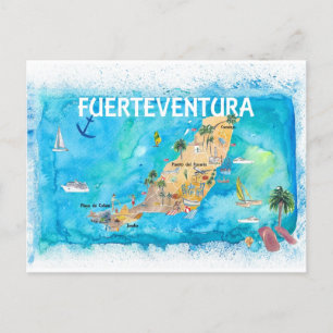 Cartão Postal Mapa Ilustrado da Espanha Fuerteventura Canarias