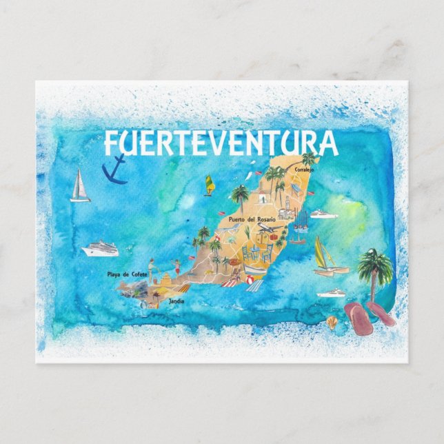 Cartão Postal Mapa Ilustrado da Espanha Fuerteventura Canarias (Frente)
