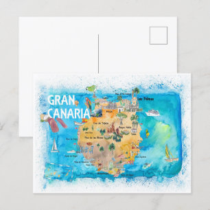 Cartão Postal Mapa Ilustrado da Espanha Gran Canary Canarias