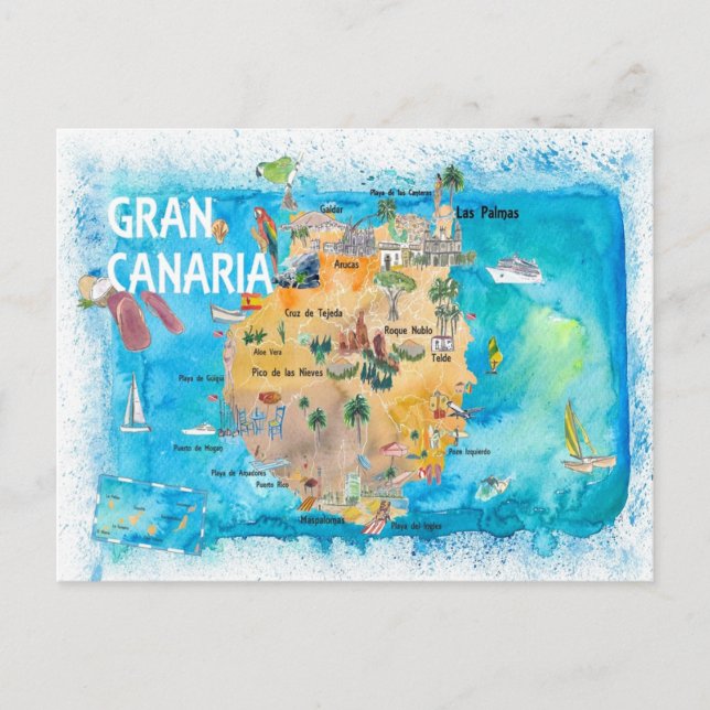Cartão Postal Mapa Ilustrado da Espanha Gran Canary Canarias (Frente)