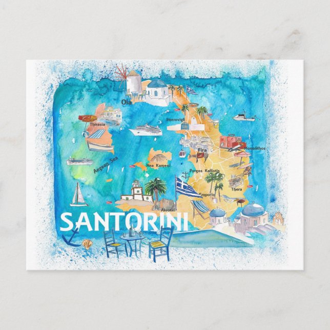 Cartão Postal Mapa Ilustrado da Grécia Santorini com Estradas Pr (Frente)