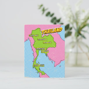 Cartão Postal Mapa ilustrado da Tailândia em Pop Art