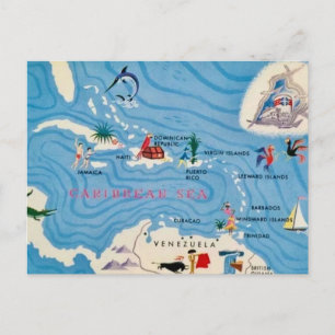 Cartão Postal Mapa Ilustrado das Ilhas do Caribe 
