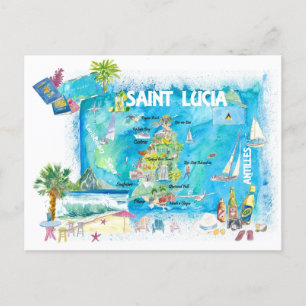 Cartão Postal Mapa Ilustrado das Índias Ocidentais santo Lúcia