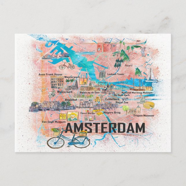 Cartão Postal Mapa Ilustrado de Amsterdã Holanda (Frente)