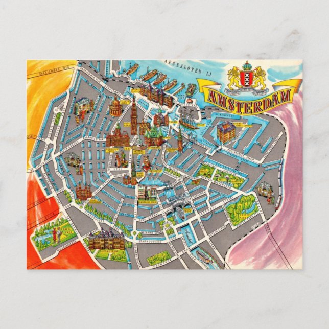Cartão Postal Mapa Ilustrado de Amsterdã Vintage (Frente)