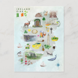 Cartão Postal Mapa Ilustrado de Aquarela da Arte da Irlanda