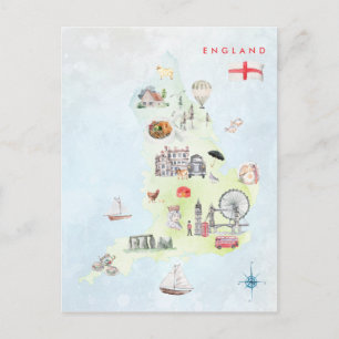 Cartão Postal Mapa Ilustrado de Aquarela de Arte da Inglaterra