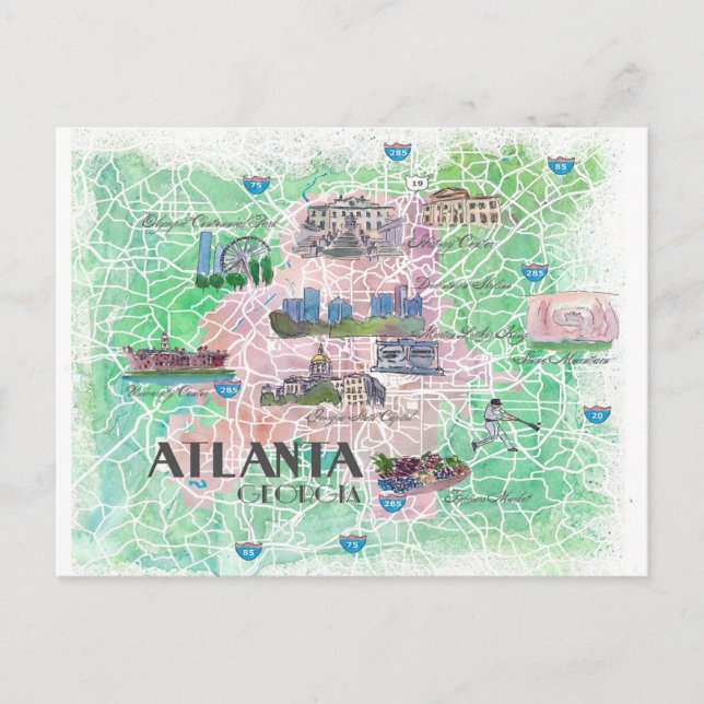 Cartão Postal Mapa Ilustrado de Atlanta Georgia USA (Frente)