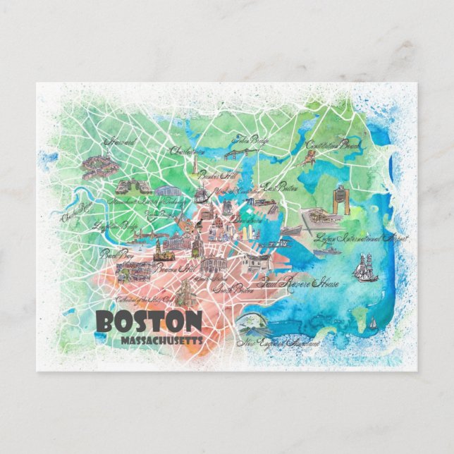 Cartão Postal Mapa Ilustrado de Boston Massachusetts EUA  (Frente)