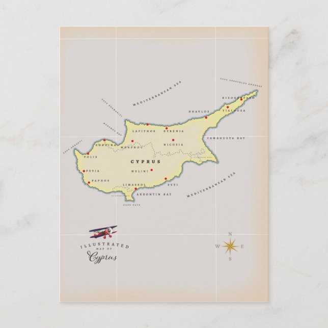 Cartão Postal Mapa ilustrado de Chipre. (Frente)