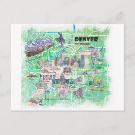 Cartão Postal Mapa Ilustrado de Denver Colorado USA com Estrada 