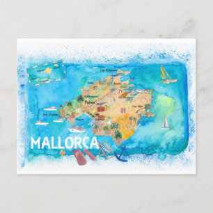 Cartão Postal Mapa Ilustrado de Espanha de Maiorca com Pontos de