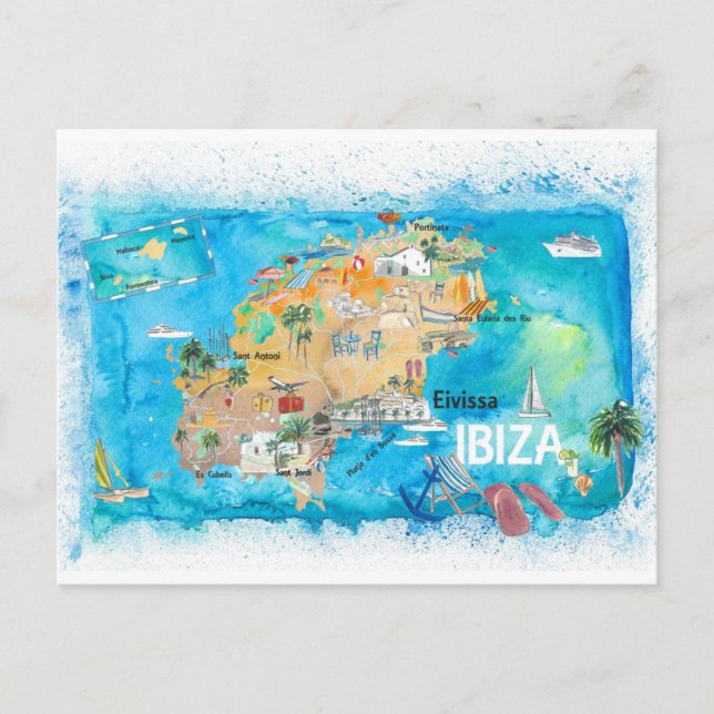 Cartão Postal Mapa Ilustrado de Espanha Ibiza com Pontos de Vist (Frente)