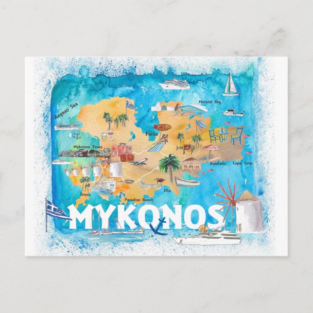 Cartão Postal Mapa Ilustrado de Grécia do Mykonos com Estradas P (Frente)